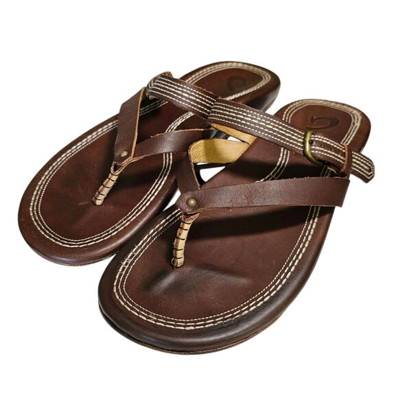 OluKai Brown Leather Thong Sandals Beach Hawaii Boho  8 - Picture 1 of 10